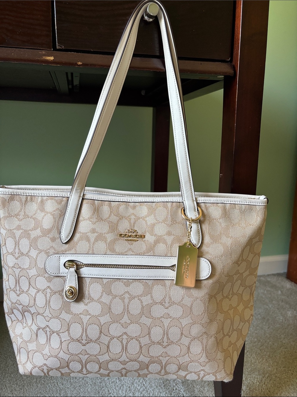 Coach Neutral Signature Logo Tote with Gold Hardware